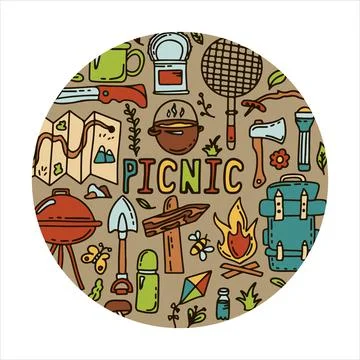 Doodle vector camping camping. Sketch hiking Icons.Hand draw illustration for Stock Illustration