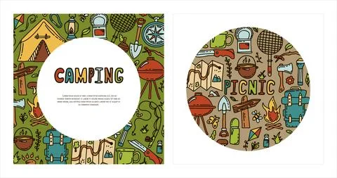 Doodle vector camping camping. Sketch hiking Icons.Hand draw illustration for Illustrazione stock