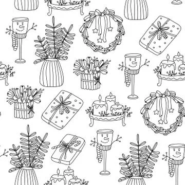 Doodle vector Christmas seamless pattern with Christmas decorations. Stock Illustration