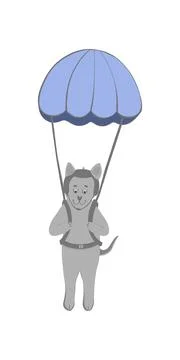 Doodle vector, cute dog flies with a parachute over the ground, dog in a pilo 스톡 일러스트