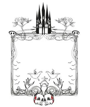 Doodle vector frame , Halloween bones, bats and skulls Stock Illustration