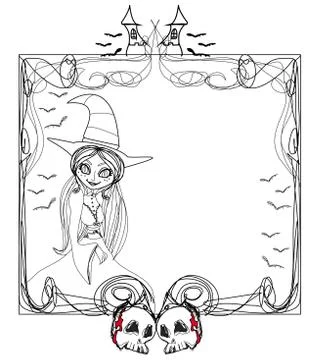 Doodle vector frame , halloween witch,bones, bats, skulls Stock Illustration