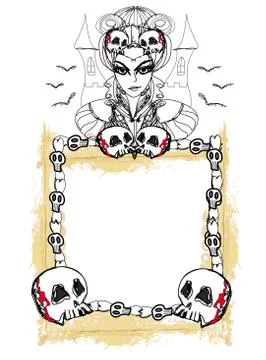 Doodle vector frame , Halloween witch,bones, bats, skulls Stock Illustration