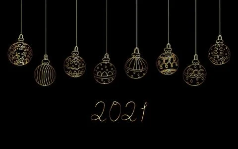 Doodle vector illustration with 2021 lettering and gold balls garland Stock Illustration