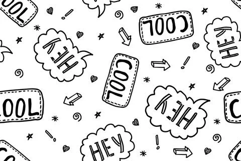 Doodle vector illustration of cool speech bubble and hey seamless pattern. Black Stock Illustration