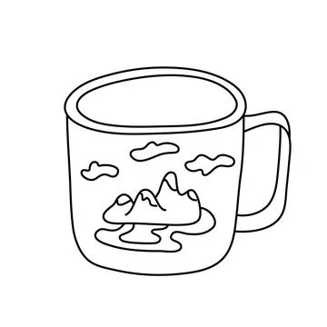 Doodle vector illustration of a mug decorated with mountains Stock Illustration