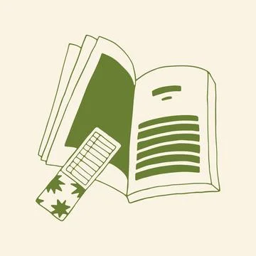 Doodle vector illustration of an open book with an olive green patterned page Stock Illustration