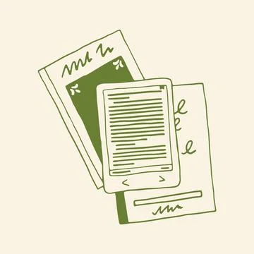 Doodle vector illustration of an open ereader with text, overlapping two Stock Illustration
