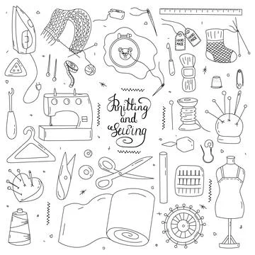 Doodle vector illustration - Set of knitting and sewing supplies. Needlework Stock Illustration
