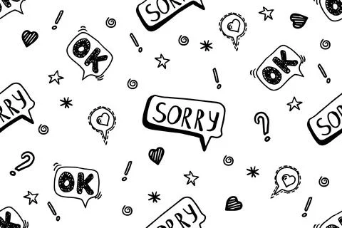 Doodle vector illustration of sorry speech bubble and ok seamless pattern. Black Stock Illustration