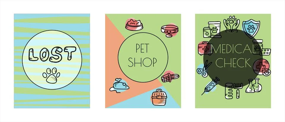 Doodle vector pet banners. Cards for the pet store, nursery. Hand drawn sketch Stock Illustration