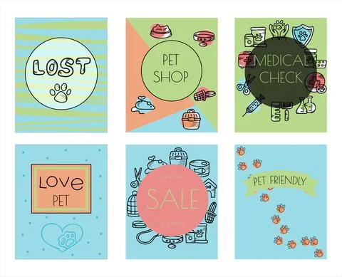 Doodle vector pet banners. Cards for the pet store, nursery. Hand drawn sketch Stock Illustration