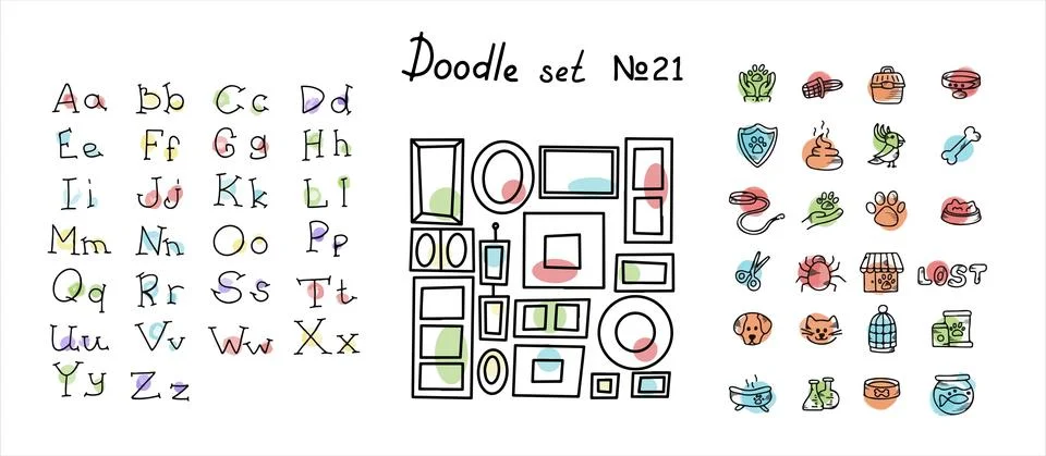 Doodle vector pet, lettering, frames sets. Icons for the pet nursery. Hand drawn Stock Illustration