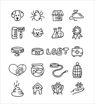 Doodle vector pet set. Icons for the pet nursery. Hand drawn sketch illustration Stock Illustration