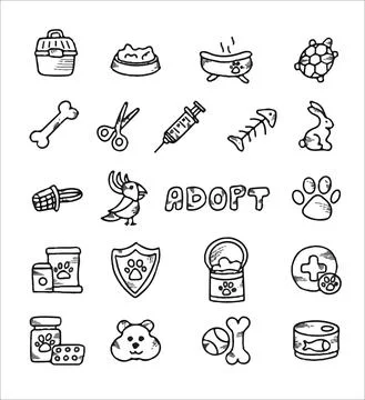 Doodle vector pet set. Icons for the pet nursery. Hand drawn sketch illustration Stock Illustration