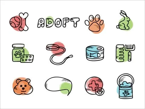 Doodle vector pet set. Icons for the pet nursery. Hand drawn sketch illustration Stock Illustration