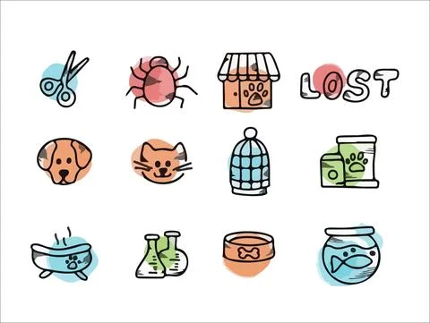 Doodle vector pet set. Icons for the pet nursery. Hand drawn sketch illustration Stock Illustration