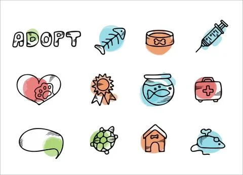 Doodle vector pet set. Icons for the pet nursery. Hand drawn sketch illustration Stock Illustration
