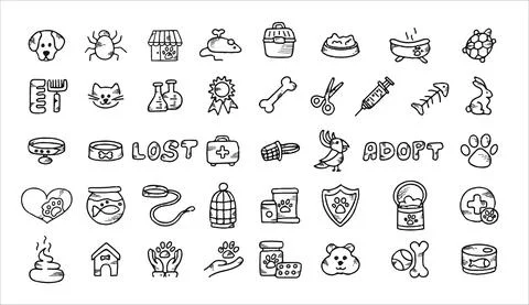 Doodle vector pet set. Icons for the pet nursery. Hand drawn sketch illustration Stock Illustration