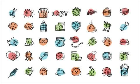 Doodle vector pet set. Icons for the pet nursery. Hand drawn sketch illustration Stock Illustration
