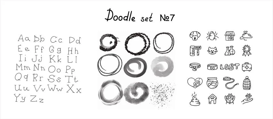 Doodle vector pet set. Icons for the pet nursery. Hand drawn sketch illustration Stock Illustration