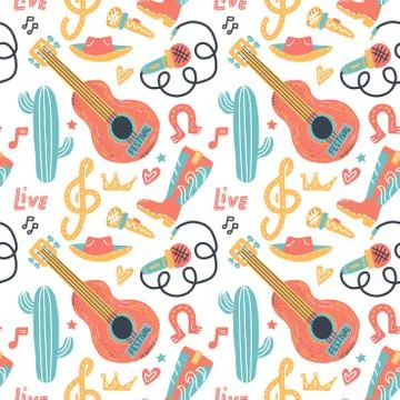 Doodle vector seamless background with acoustic guitar and cowboy elements. O 스톡 일러스트