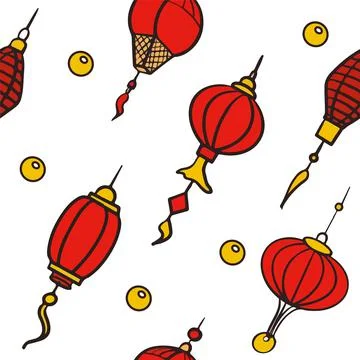 Doodle vector seamless pattern of chinese paper lanterns. Flat colorful icons Stock Illustration