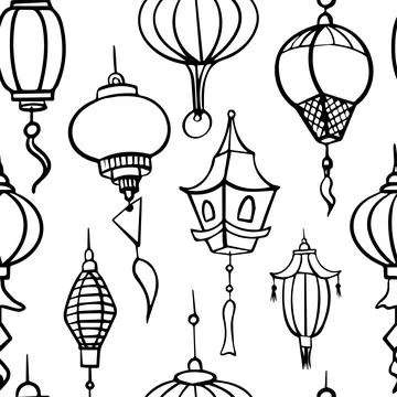 Doodle vector seamless pattern of chinese paper lanterns. Flat icons oriental Stock Illustration