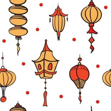 Doodle vector seamless pattern of chinese paper lanterns. Flat colorful icons Stock Illustration