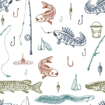 Doodle vector seamless pattern. Fishing illustration. 스톡 일러스트