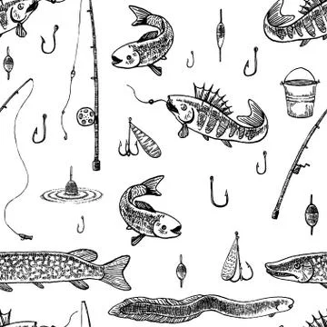Doodle vector seamless pattern. Fishing illustration. 스톡 일러스트