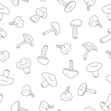 Doodle vector seamless pattern with forest mushrooms on white. Illustrazione stock