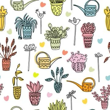 Doodle vector seamless pattern with houseplants in pots. Stock Illustration