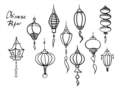 Doodle vector set of chinese paper lanterns. Flat icons oriental decoration of Stock Illustration