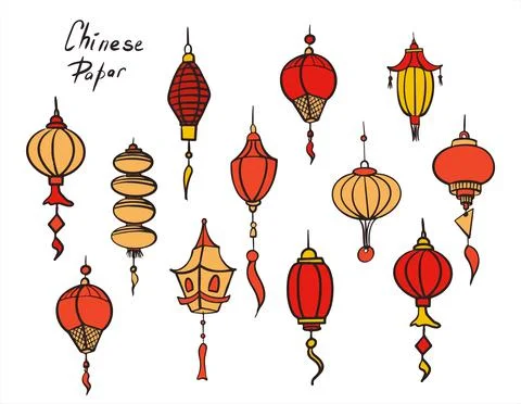 Doodle vector set of chinese paper lanterns. Flat colorful icons oriental Stock Illustration