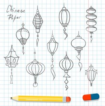 Doodle vector set of chinese paper lanterns. Flat icons oriental decoration of Stock Illustration