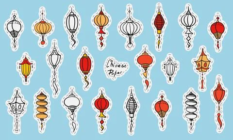 Doodle vector set of chinese paper lanterns. Flat colorful stickers oriental Stock Illustration
