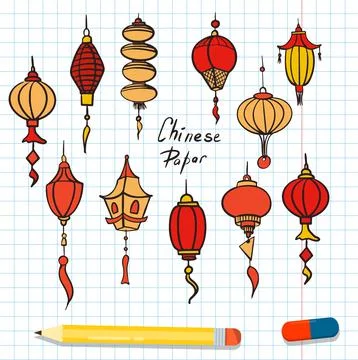 Doodle vector set of chinese paper lanterns. Flat colorful icons oriental Illustrazione stock
