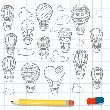 Doodle vector set of hot air balloons with clouds. Colorful hand draw Stock Illustration