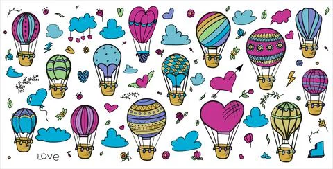 Doodle vector set of hot air balloons with clouds. Colorful hand draw Stock Illustration