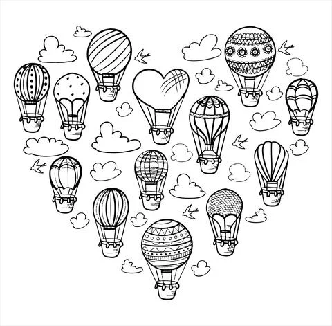 Doodle vector set of hot air balloons with clouds. Colorful hand draw Stock Illustration