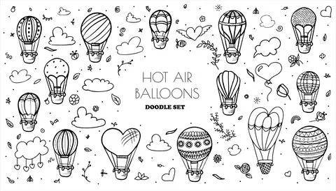 Doodle vector set of hot air balloons with clouds. Colorful hand draw 库存插图