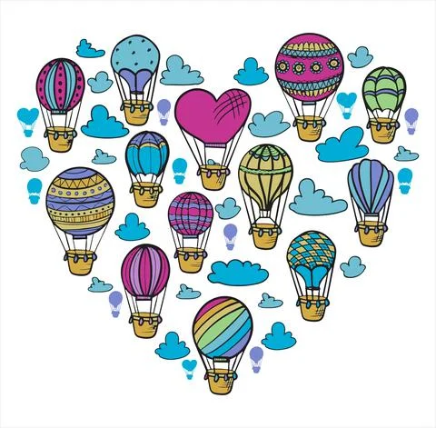 Doodle vector set of hot air balloons with clouds. Colorful hand draw Stock Illustration