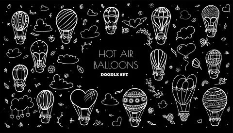Doodle vector set of hot air balloons with clouds. Colorful hand draw Stock Illustration