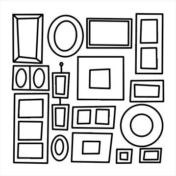Doodle vector set of photo frames. Hand drawn illustration of a wall with frames Illustrazione stock
