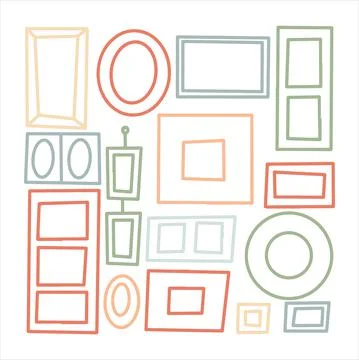 Doodle vector set of photo frames. Hand drawn illustration of a wall with frames Stock Illustration