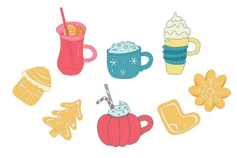 Doodle vector sweet set with Christmas drinks and gingerbread. Stock Illustration