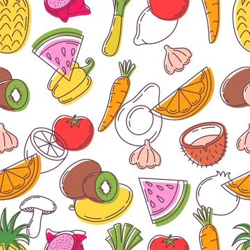 Doodle vegan seamless pattern. Fruits and vegetables, hand drawn style fresh Stock Illustration