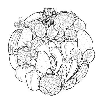 Doodle vegetables circle shape pattern for coloring book. Food mandala coloring Stock Illustration