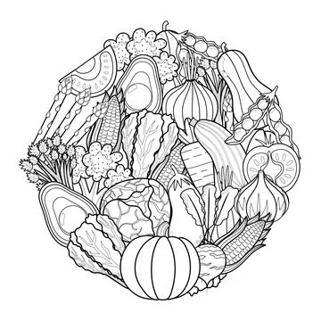 Doodle vegetables circle shape pattern for coloring book イラスト素材